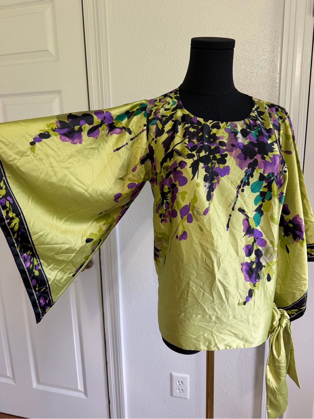 Sharon Young Floral Kimono Sleeve Blouse grunge Side Tie XS fairy y2k silky